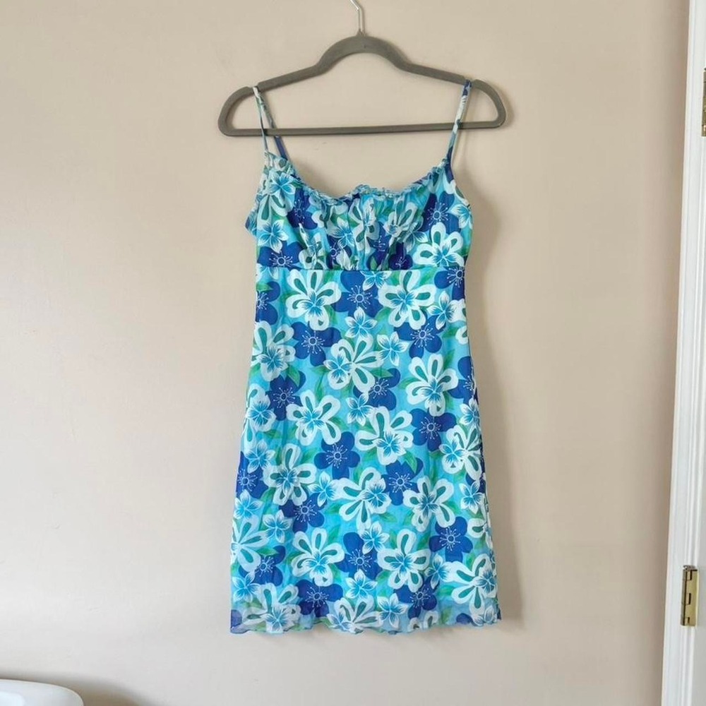 Tropical blue floral micromesh mini dress medium beach hawaii‎